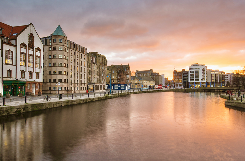 Sunset over the Water of Leith at Leith Shore
